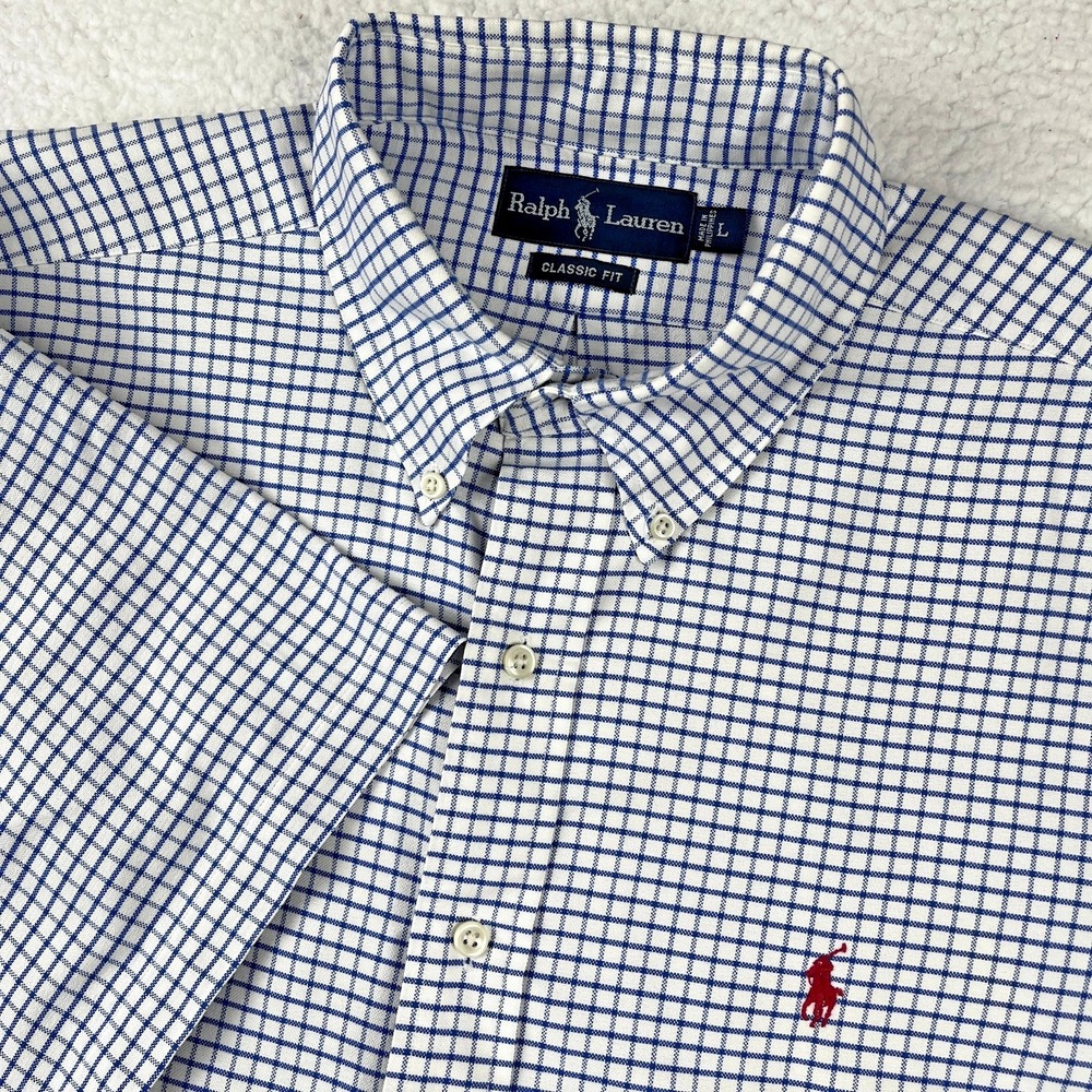 RALPH LAUREN Button Down Shirt Mens Large Blue White Check Casual Preppy Pony‎